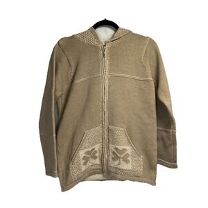Aran Crafts Ireland Sweater Women's XS 100% Merino Wool‎ Beige Full Zip Hooded